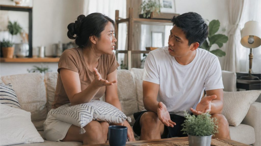 Filipino couple talking seriously while sitting on a couch at home