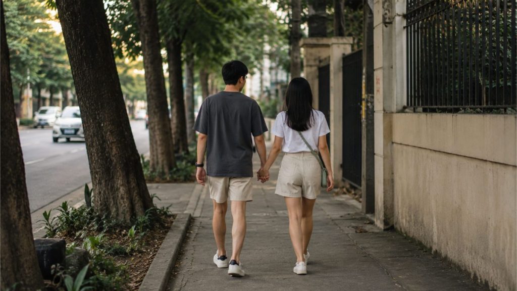 Filipino couple walking hand in hand along a quiet city sidewalk