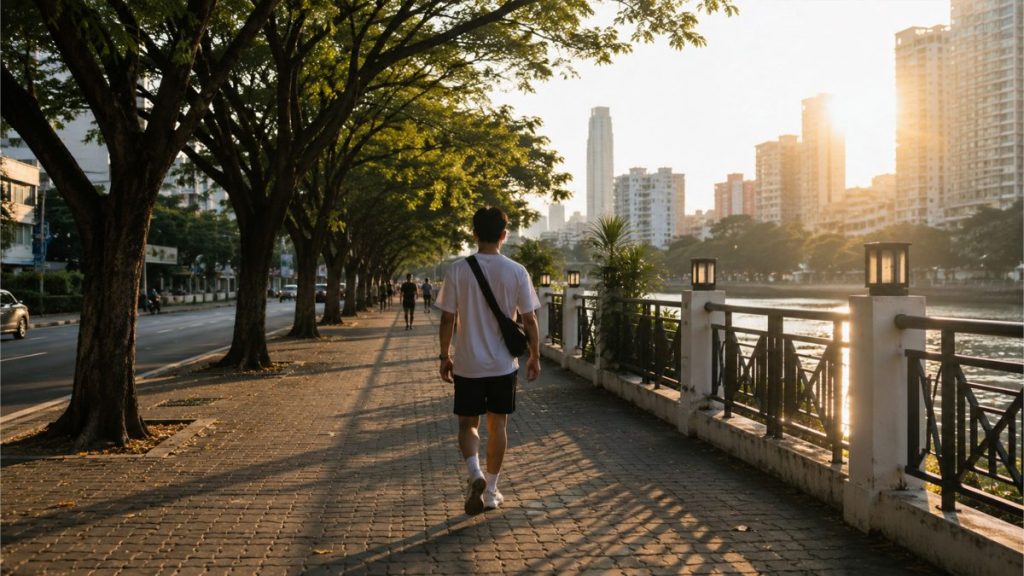 Filipino man walking beside a riverside promenade during sunset in the city