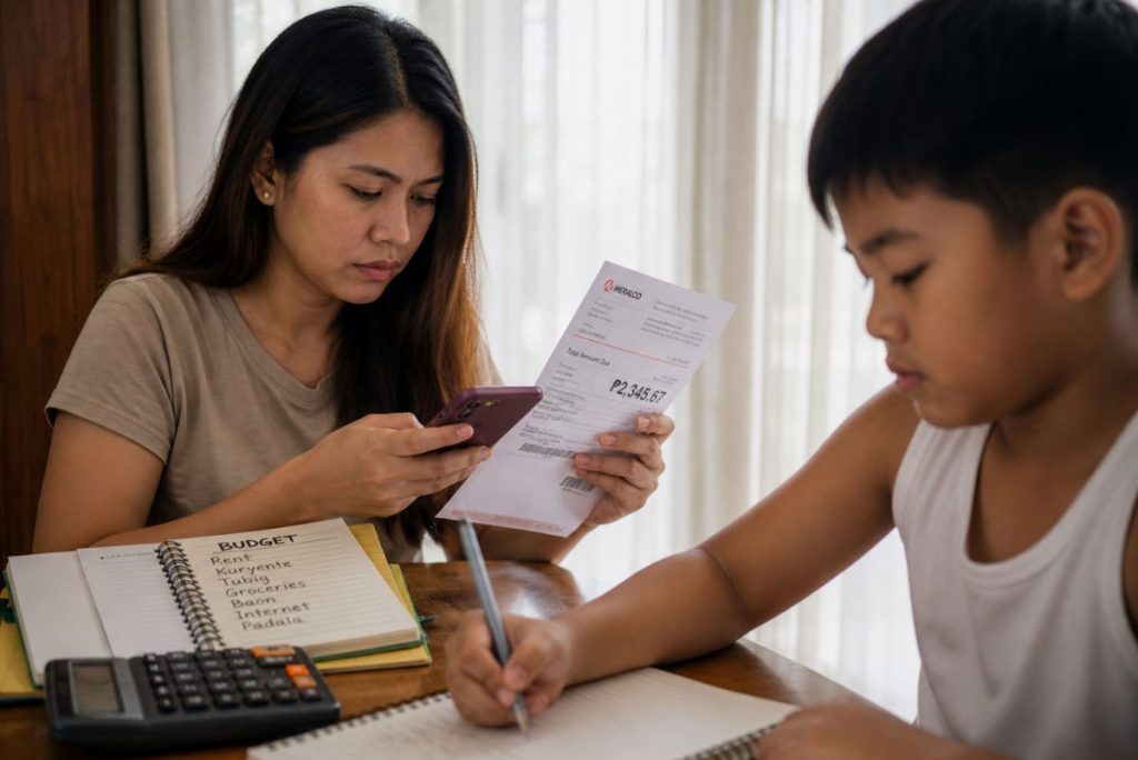 Filipino mother checking bills while child studies showing everyday financial pressure in a household