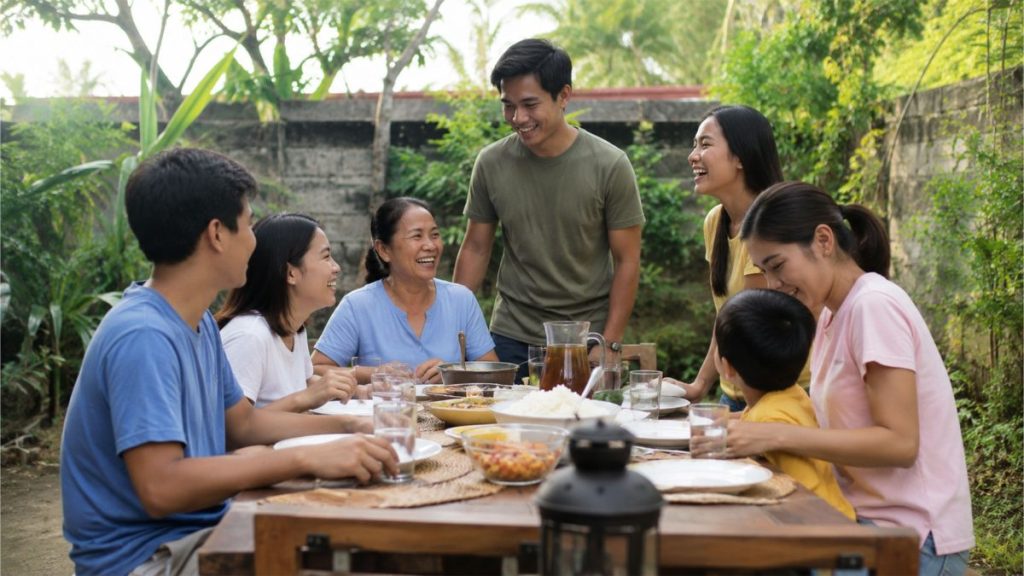 Filipino family sharing a meal together outdoors after emotional reunion