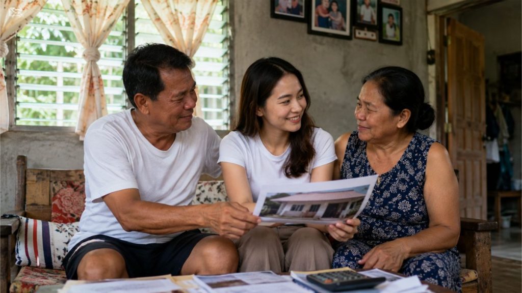 Parents and daughter smile together while looking at photos and plans for their future home.