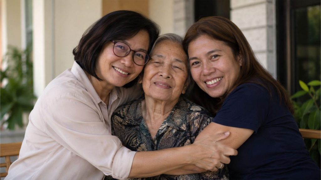 Filipino family embraces elderly mother during a warm family reunion