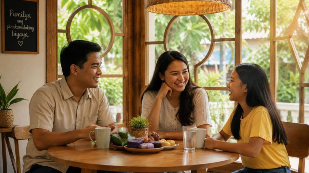 A Filipino family sharing a warm conversation together inside a cozy home.