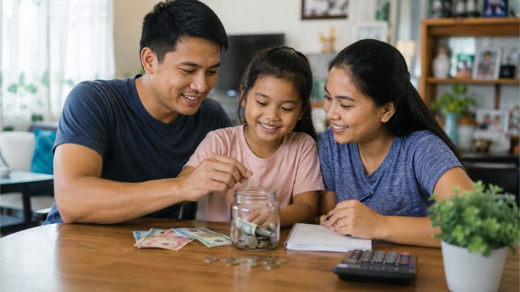 Filipino family saving money together while discussing future goals at home.