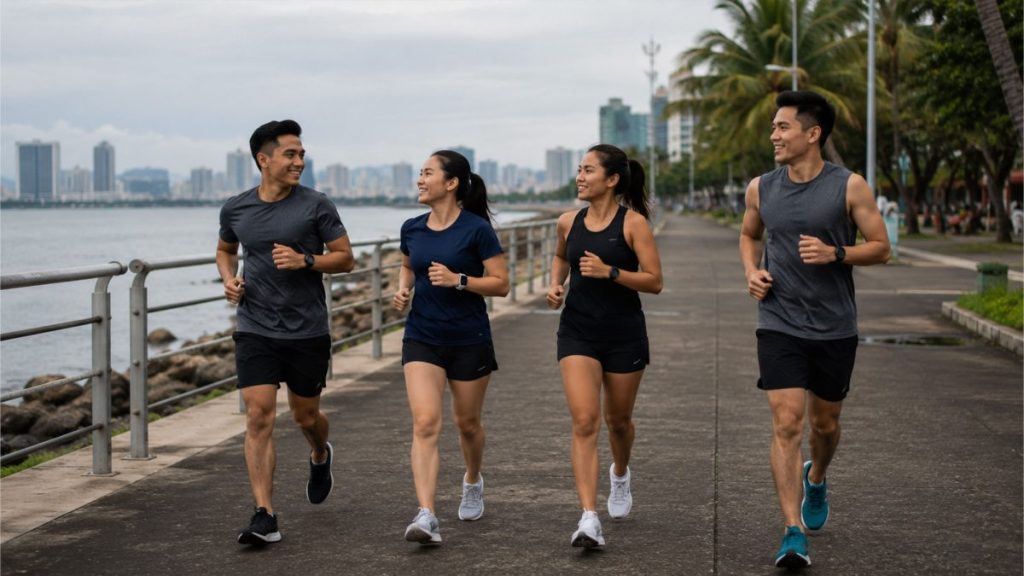 Group of Filipino friends jogging together beside a waterfront promenade