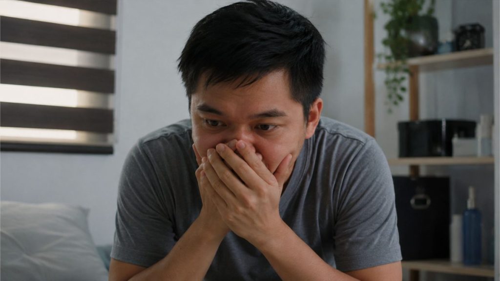 Filipino man covering his mouth while sitting indoors
