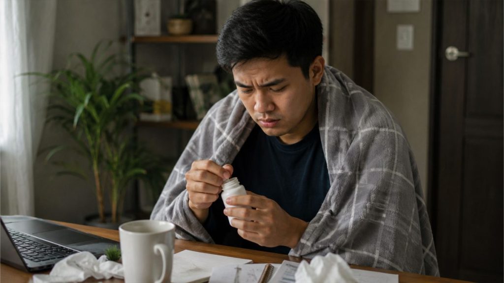 Filipino man wrapped in a blanket while sitting at a desk and holding medicine