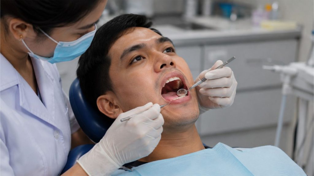 Filipino man during a dental checkup focused on oral and tongue health