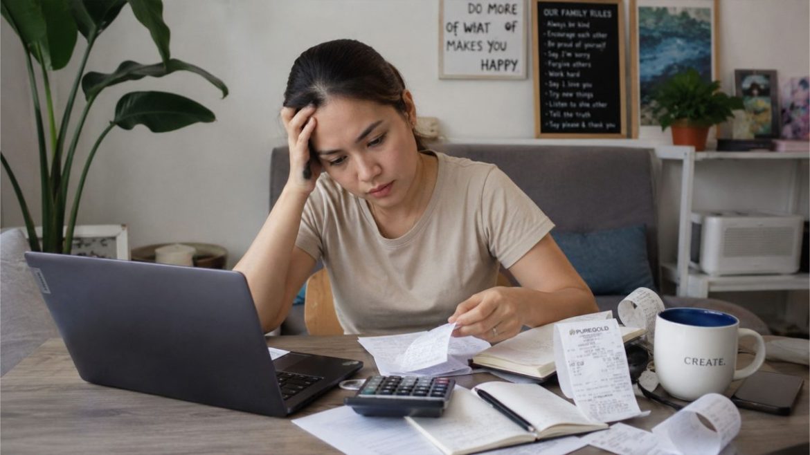 Filipino woman reviewing bills and expenses while working on a laptop at home