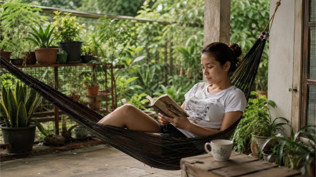 Filipino woman relaxing in a hammock while reading a book outdoors