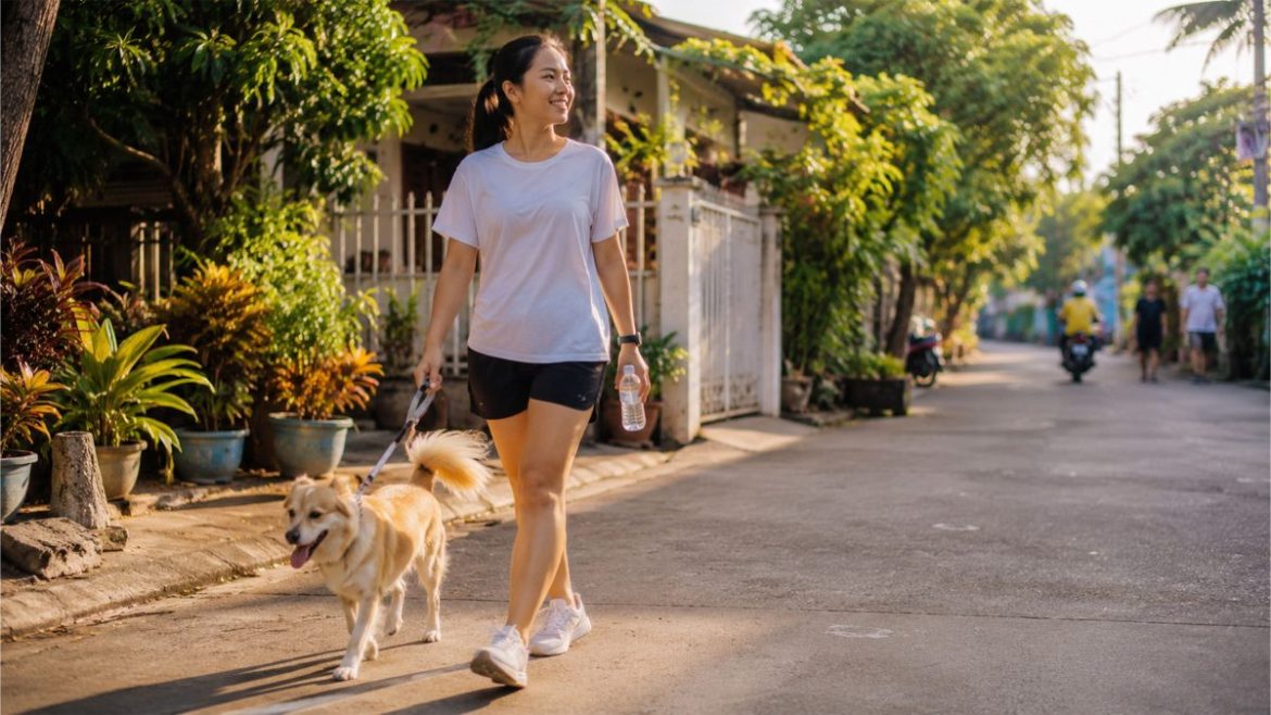 Filipino woman walking her dog in a peaceful neighborhood during the morning