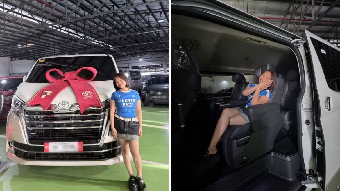 Young Filipino content creator poses beside a newly purchased car with a red ribbon, symbolizing early financial independence