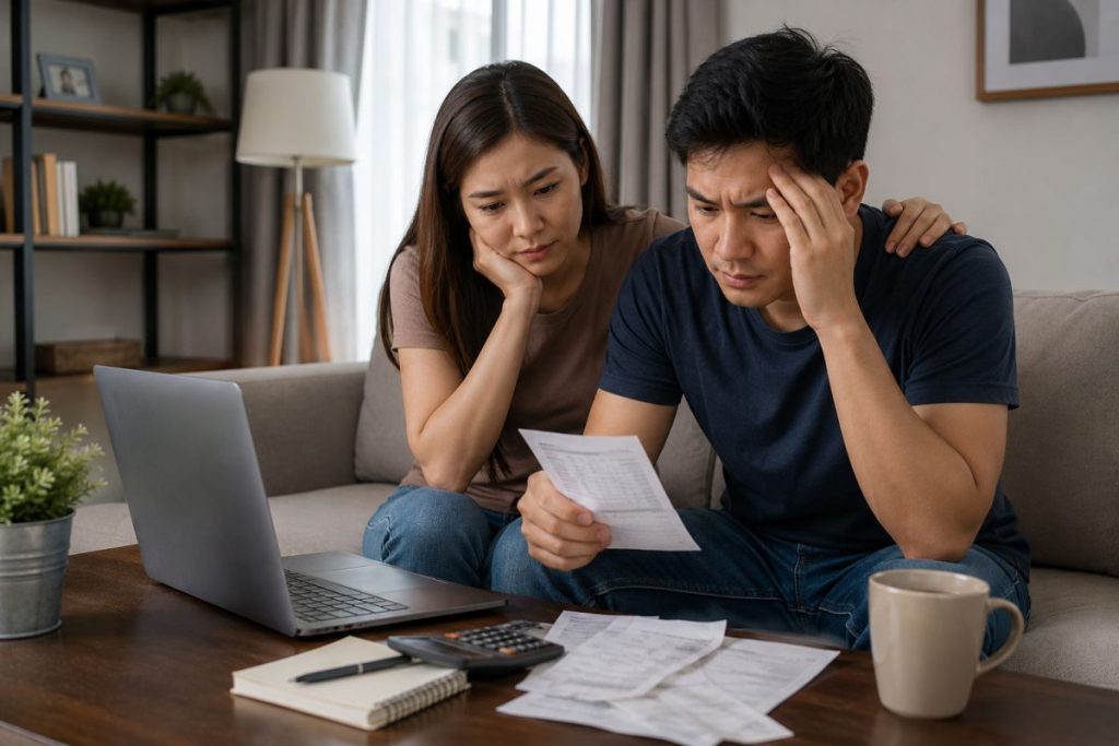 A young couple reviewing bills and budgeting together at home while dealing with financial stress