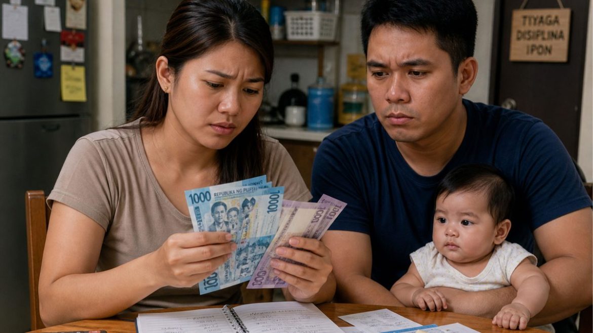 Filipino couple with baby reviewing Philippine peso bills and household expenses showing financial stress at home