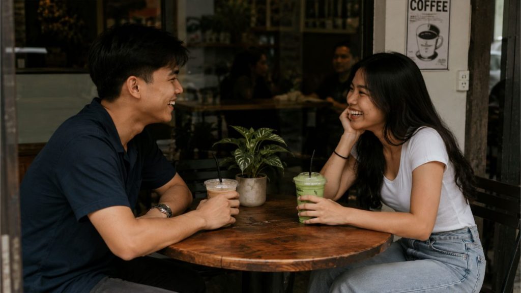 Young Filipino couple toasting iced coffee drinks during a café date