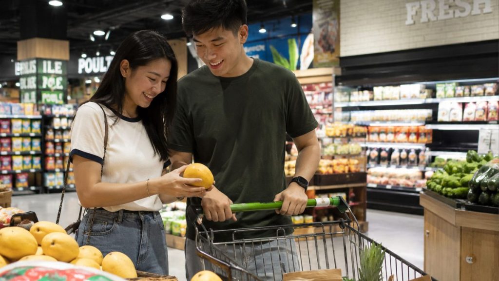Filipino couple shopping together in a grocery store while choosing fresh produce