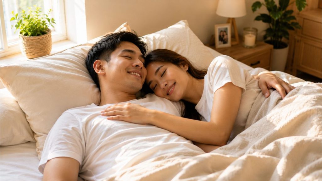 Filipino couple relaxing together in bed during a peaceful morning at home