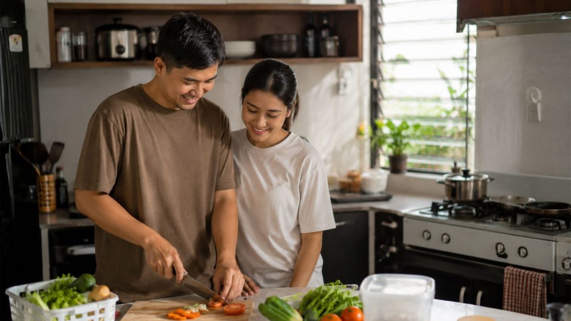Filipino couple cooking together in a modern kitchen while preparing vegetables at home
