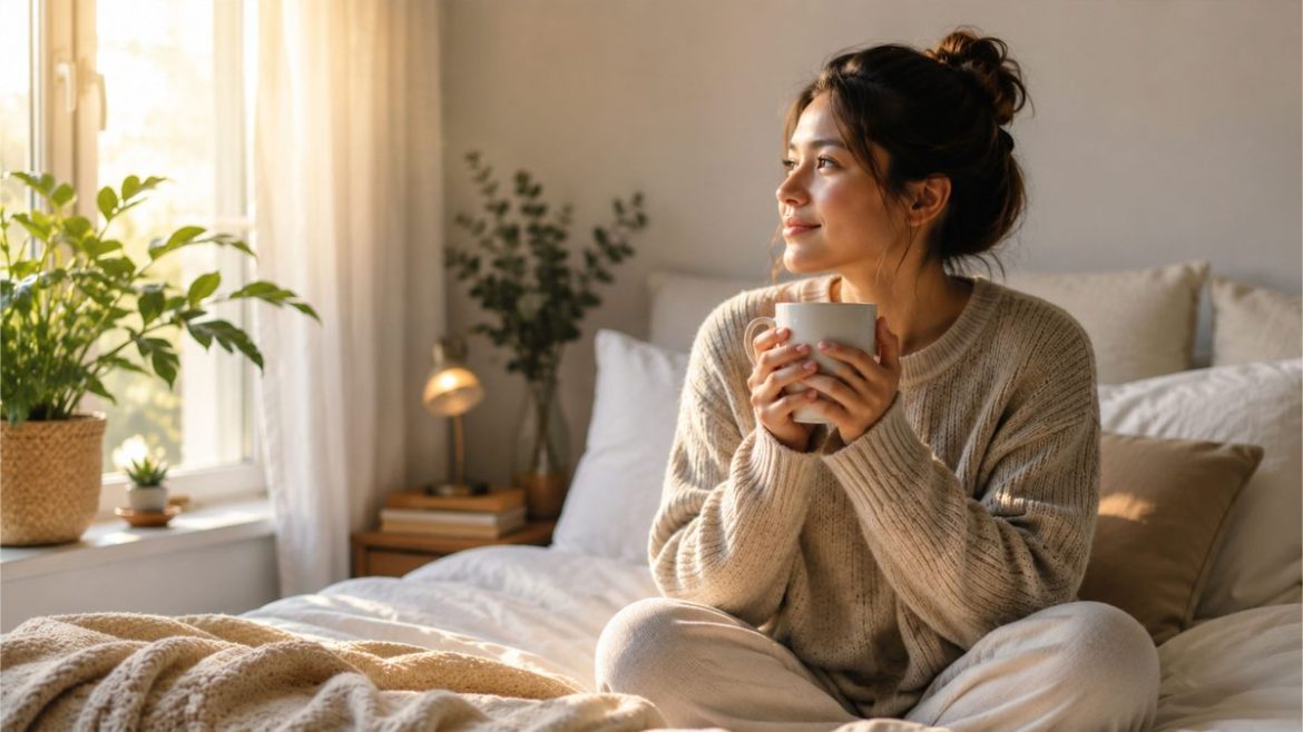 Filipina woman relaxing in bed with coffee during a peaceful morning at home
