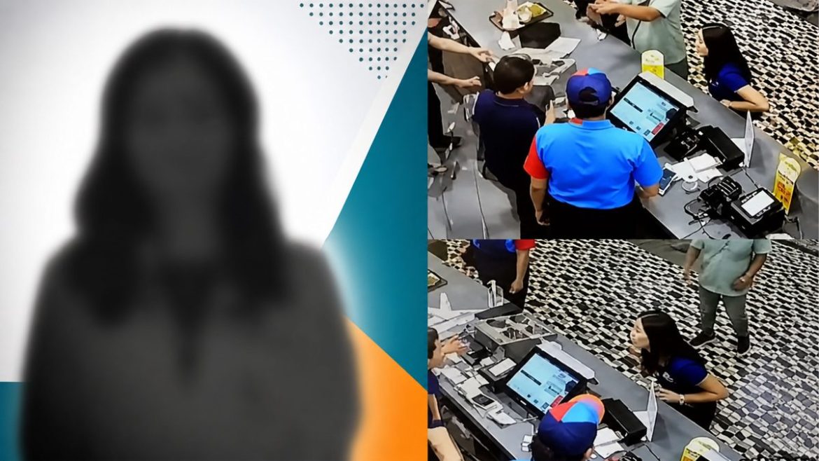 Blurred doctor silhouette beside CCTV images of a Jollibee refund delay incident involving staff and customers