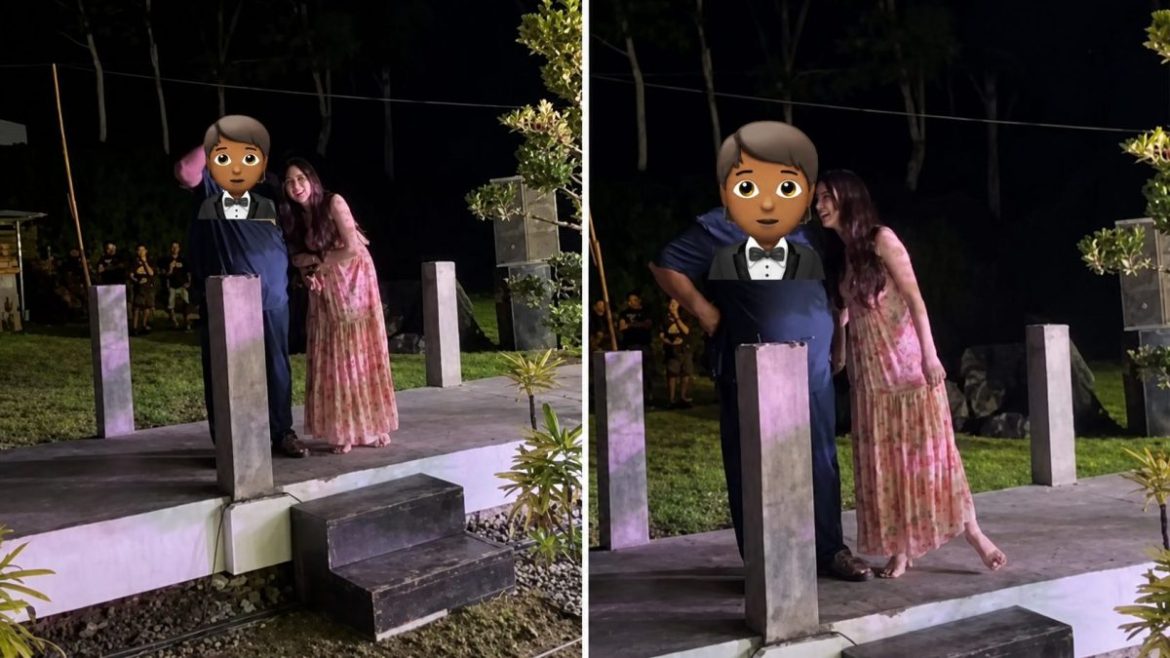 Kim Domingo blind item viral image showing a woman in a pink dress beside a man with an emoji-covered face during a nighttime event