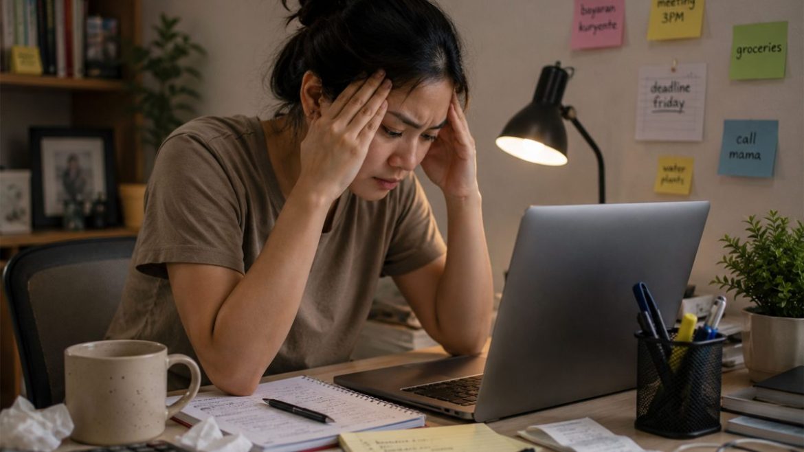 Overwhelmed young woman working on a laptop late at night while managing stress and responsibilities at home