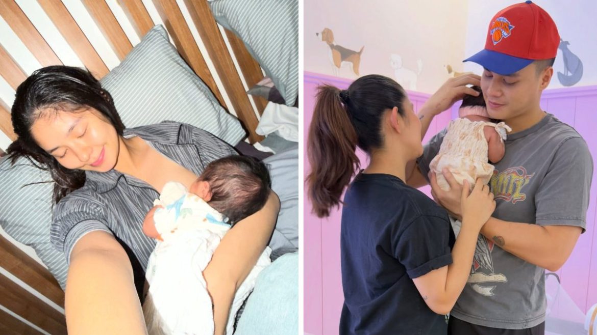 Loisa Andalio holding her baby while Ronnie Alonte interacts with their child at home