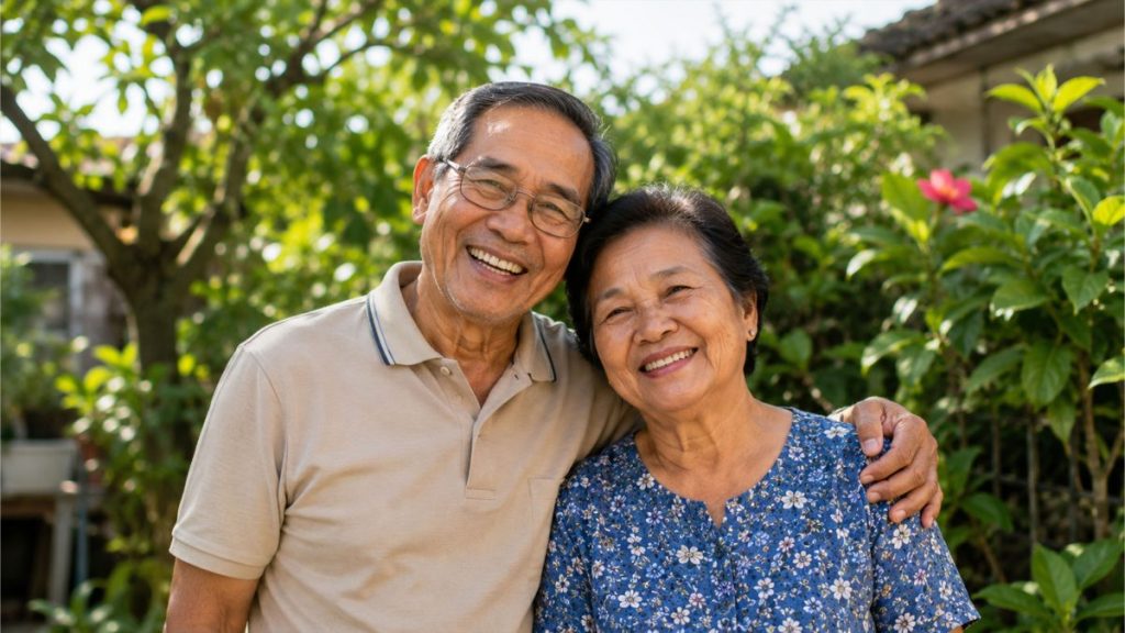 Elderly Filipino couple smiling together in a garden