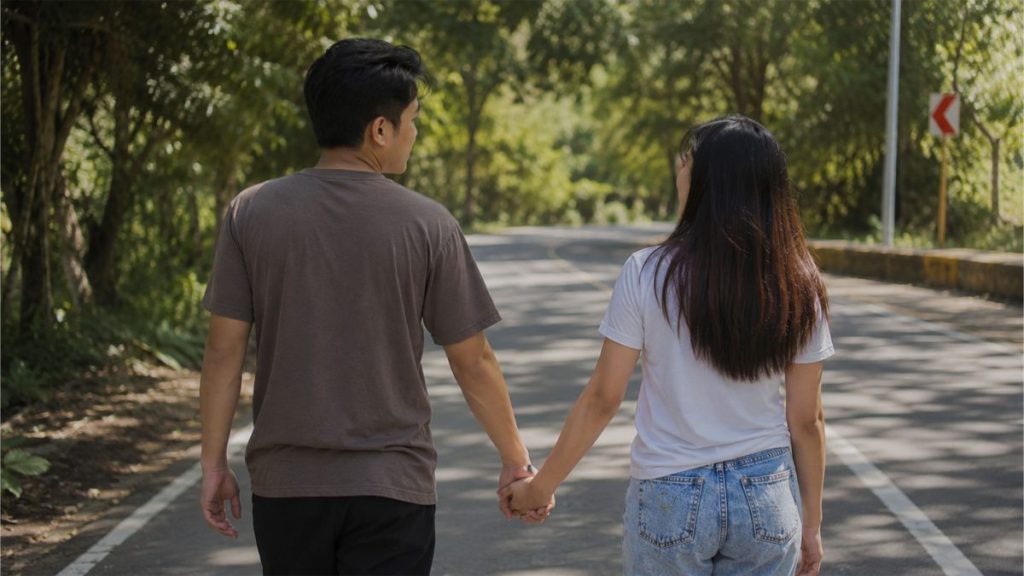 Filipino couple walking together while holding hands on a peaceful road