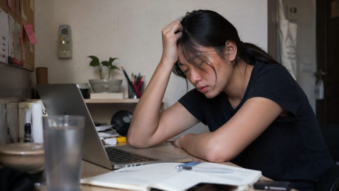 Filipina woman looking mentally exhausted while working from home