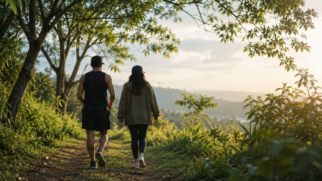 Two people walking peacefully outdoors surrounded by nature