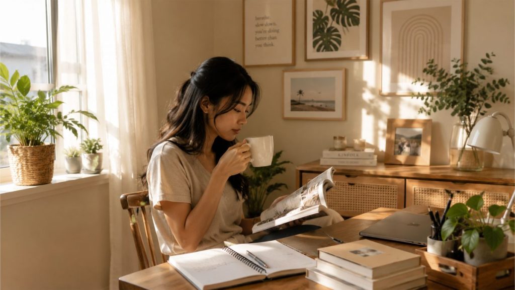 Filipina woman reading and drinking coffee in a cozy home workspace