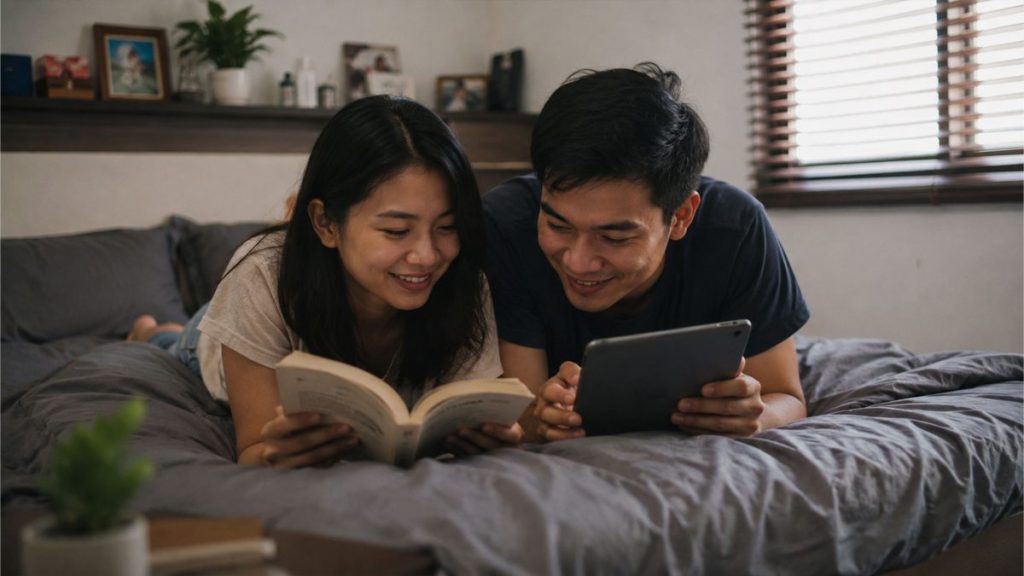 Filipino couple reading and using a tablet together in bedroom