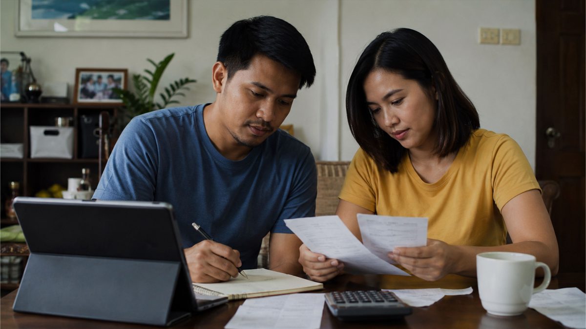 Filipino couple reviewing expenses and financial plans while working toward long-term family goals.