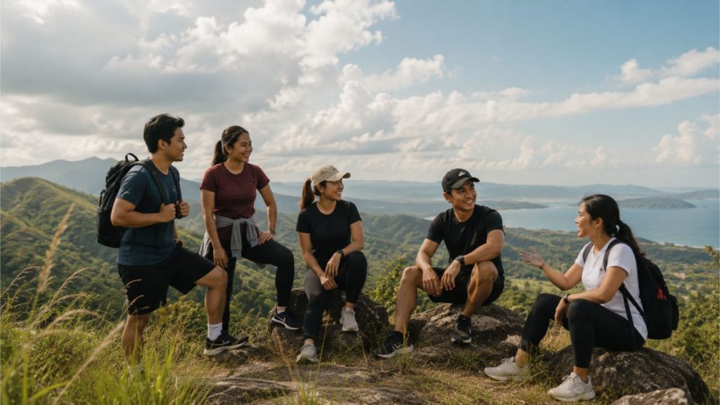 Group of Filipino friends enjoying a hiking trip and social activity outdoors