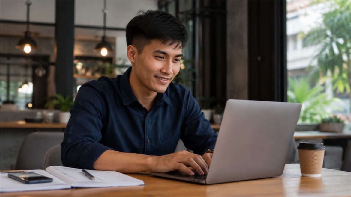 Filipino professional working on a laptop while planning financial goals and future opportunities.