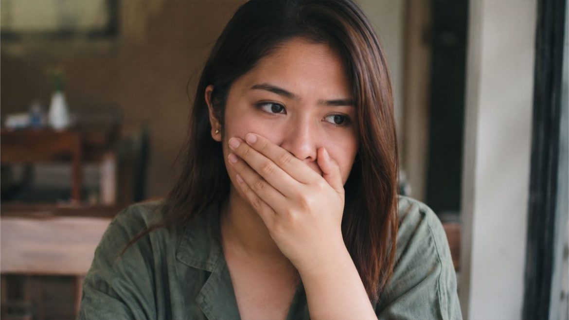 Filipino woman covering her mouth while looking worried indoors