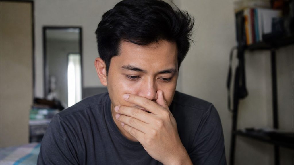 Filipino man looking stressed while covering his mouth