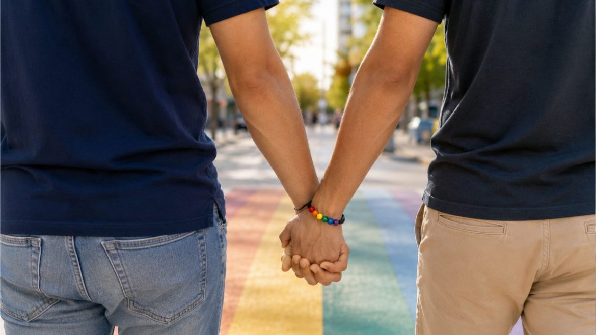 Two people holding hands while walking together in a public outdoor setting.