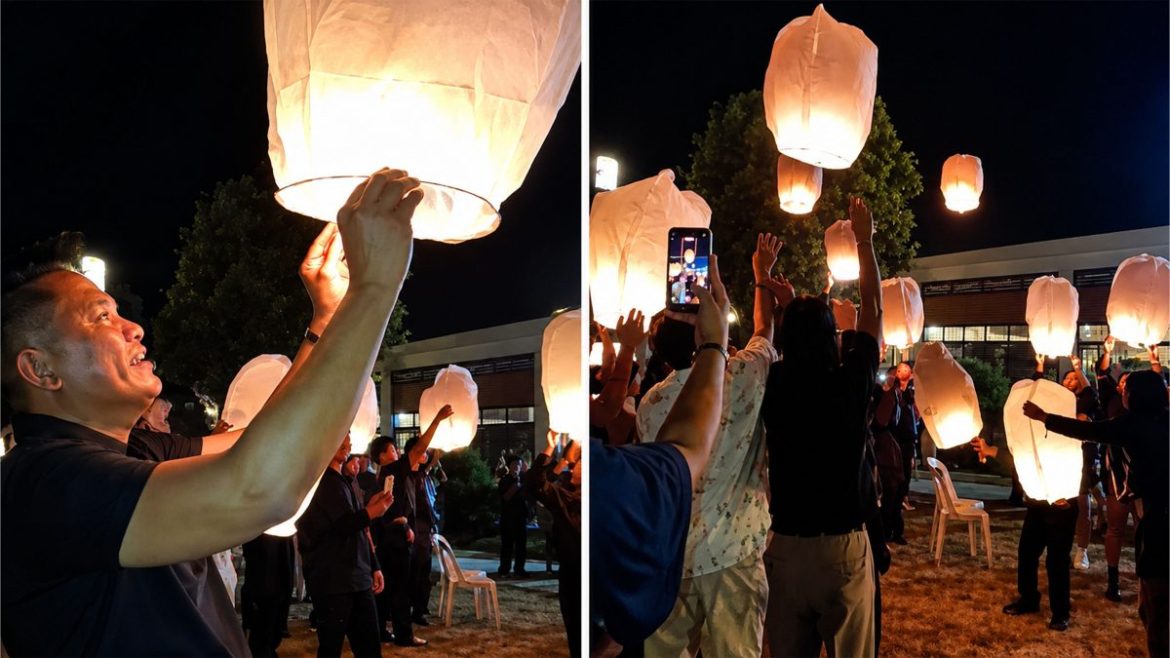 Collage of people releasing glowing sky lanterns during a viral Filipino nighttime celebration.