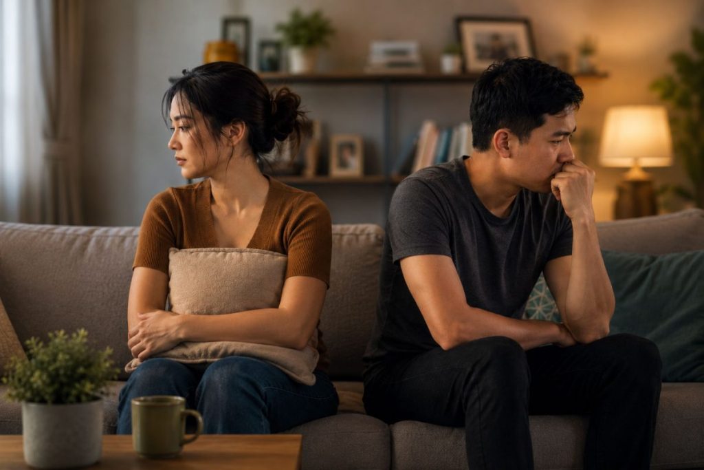 A couple sitting apart on a couch while avoiding emotional interaction during a tense moment