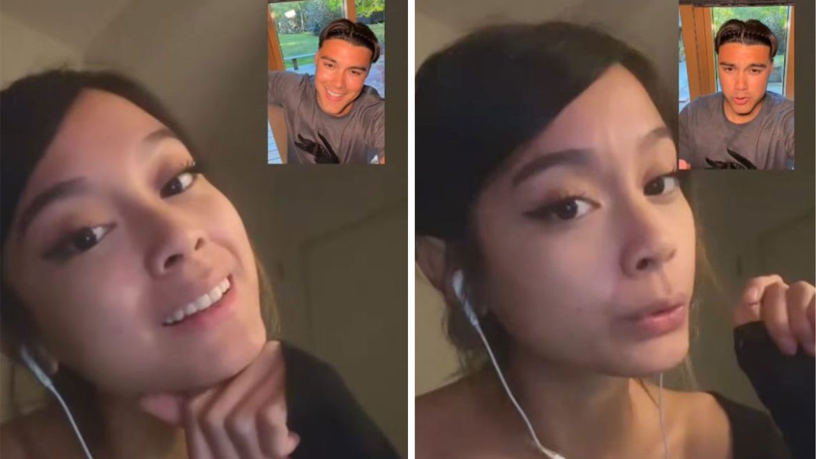 Filipino TikTok duet featuring a woman singing O Pag-ibig alongside Bailey May reaction video