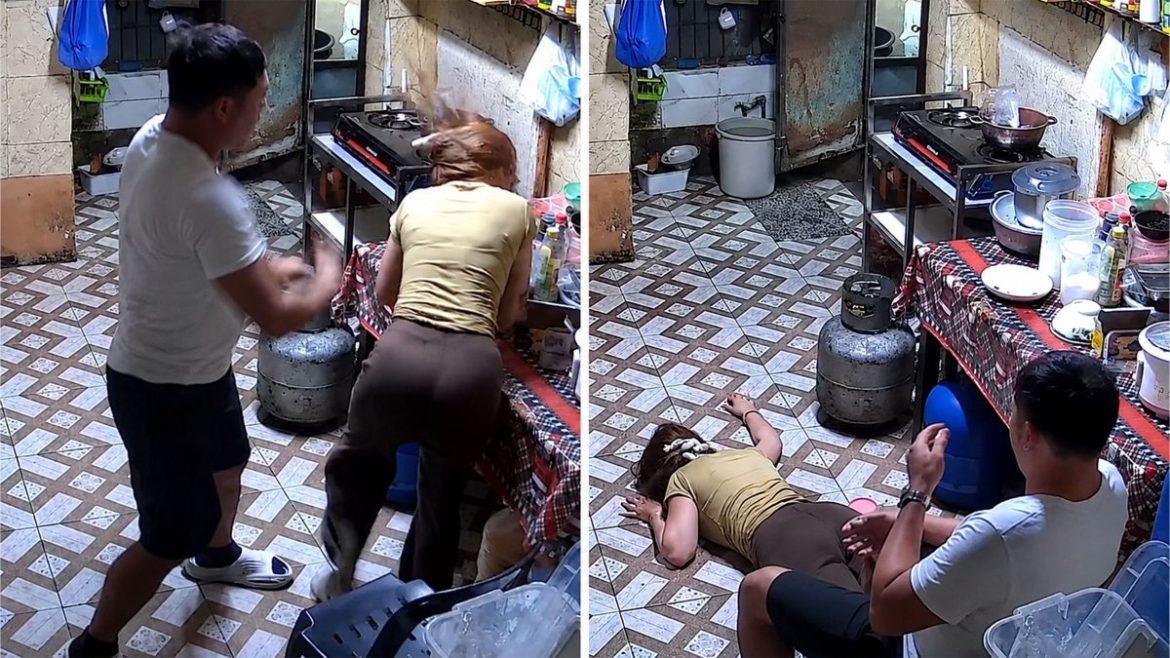 CCTV screenshots showing a man allegedly linked online to law enforcement during a violent altercation inside a residence
