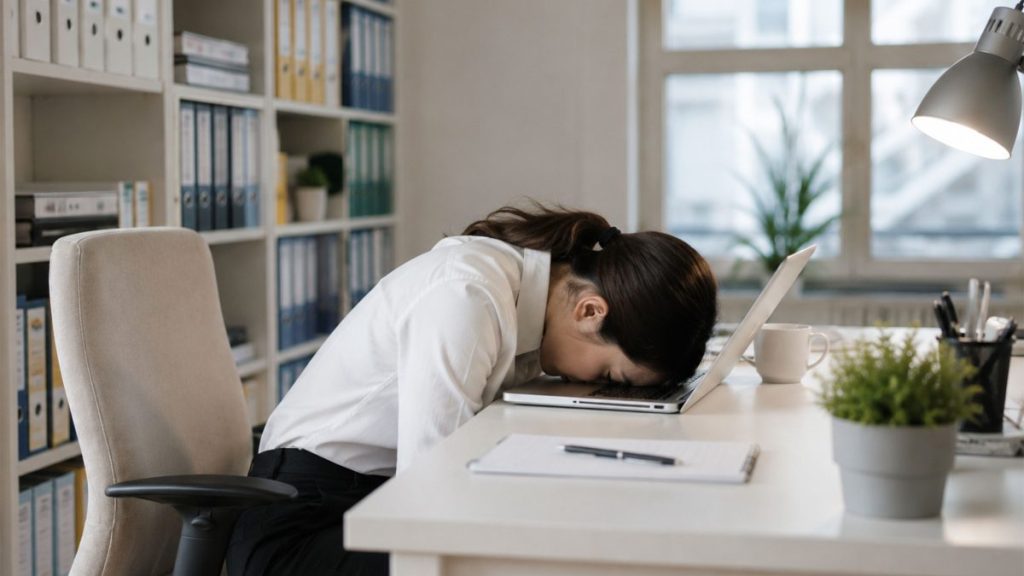 Tired Filipina office worker resting her head on a laptop inside a bright minimalist workspace.