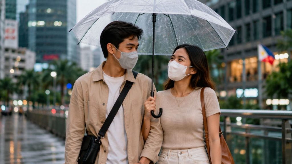 A young Filipino couple sharing an umbrella while walking in the city.