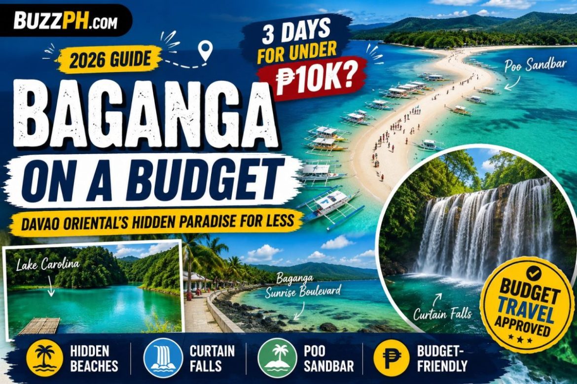Aerial view of Baganga in Davao Oriental featuring Poo Sandbar, Curtain Falls, and Lake Carolina highlighted in a budget travel guide for 2026.