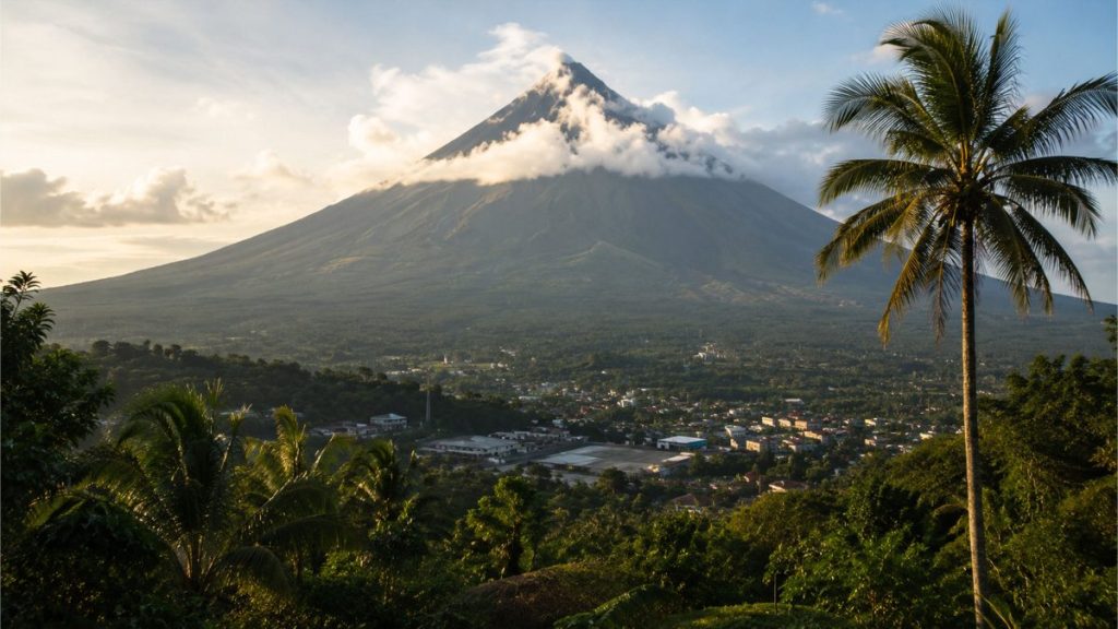 Scenic mountain landscape in Bukidnon with lush greenery and a volcano in the background