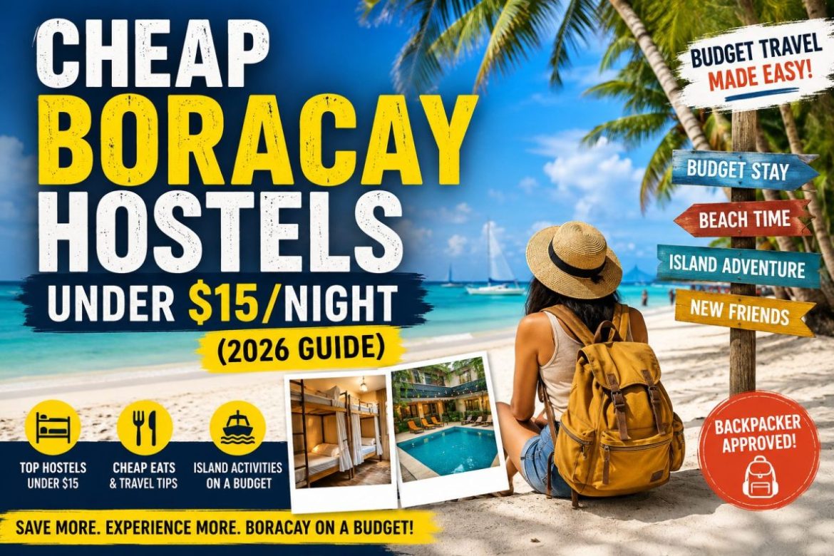 Backpacker enjoying White Beach in Boracay with budget hostel accommodations under $15 per night featured in a 2026 travel guide.