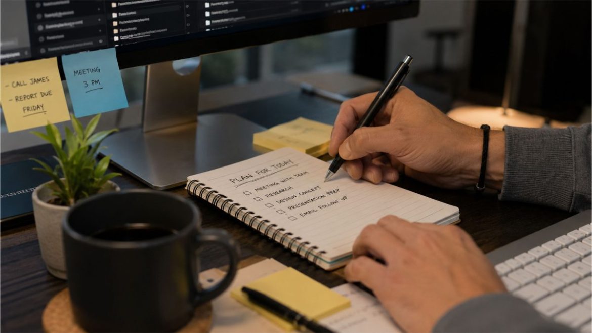Person writing a daily task list at a modern workspace to improve productivity and focus